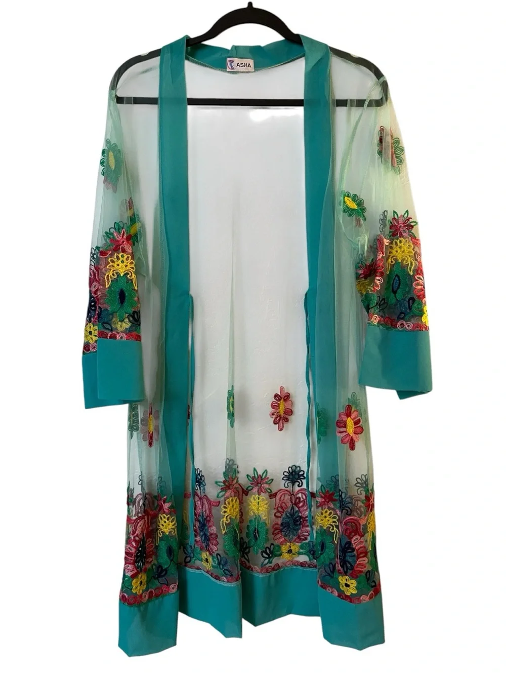ASHA Sheer Floral Embroidered Swim Cover-Up Kimono Duster Boho Beachwear